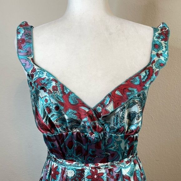 Nolita 100% Silk Boho Midi Length Sleeveless Tiered Dress Turquoise Blue Floral - Picture 3 of 13